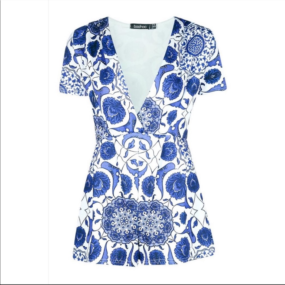Blue and White Floral Shorts Romper
